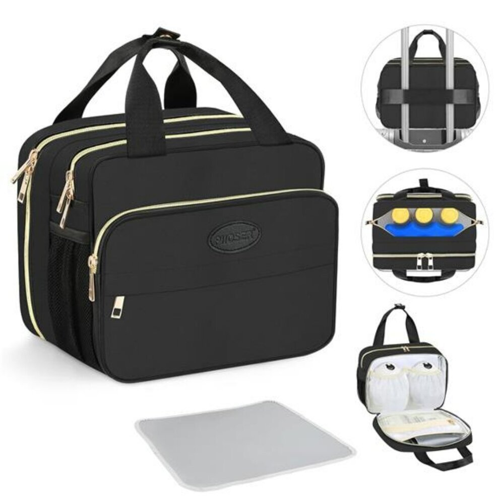 Insulated Breastmilk Cooler Bag Baby Bottle Pump Storage Travel Tote Black